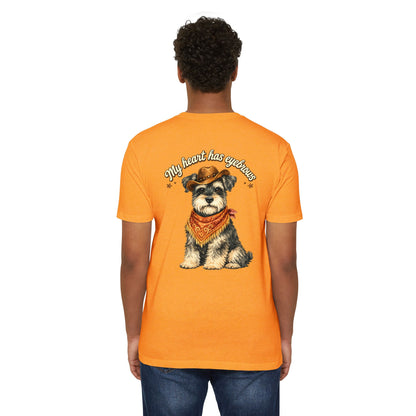 Schnauzer Cowboy T-Shirt — "My Heart Has Eyebrows" Cute Dog Graphic Tee