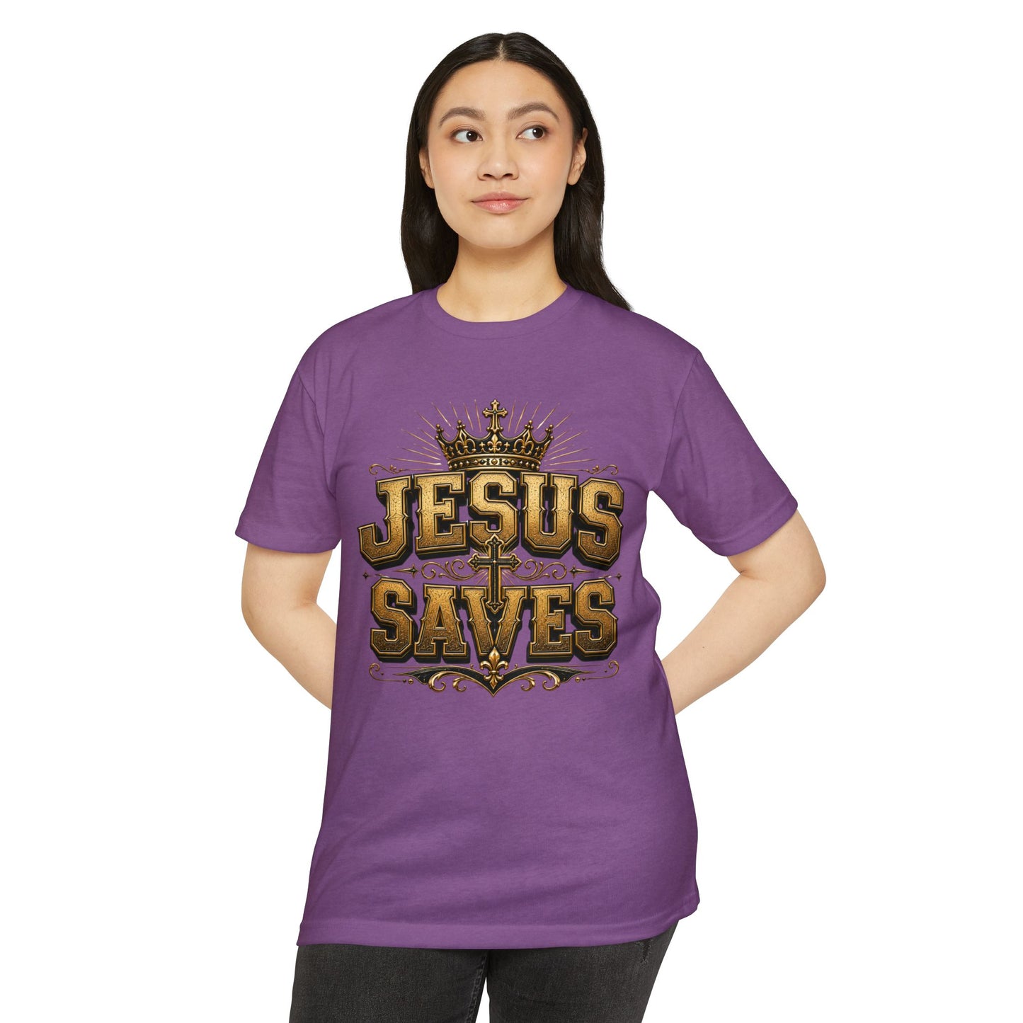 Jesus Saves T-Shirt — Christian Faith Graphic Tee with Crown & Cross