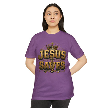 Jesus Saves T-Shirt — Christian Faith Graphic Tee with Crown & Cross