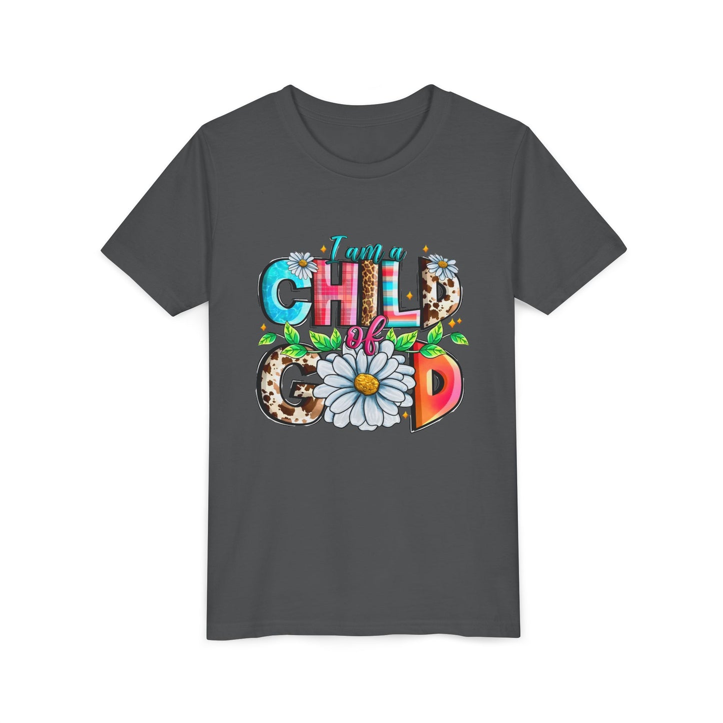 Youth Tee — "I Am a Child of God" Floral Christian Graphic