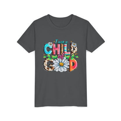 Youth Tee — "I Am a Child of God" Floral Christian Graphic