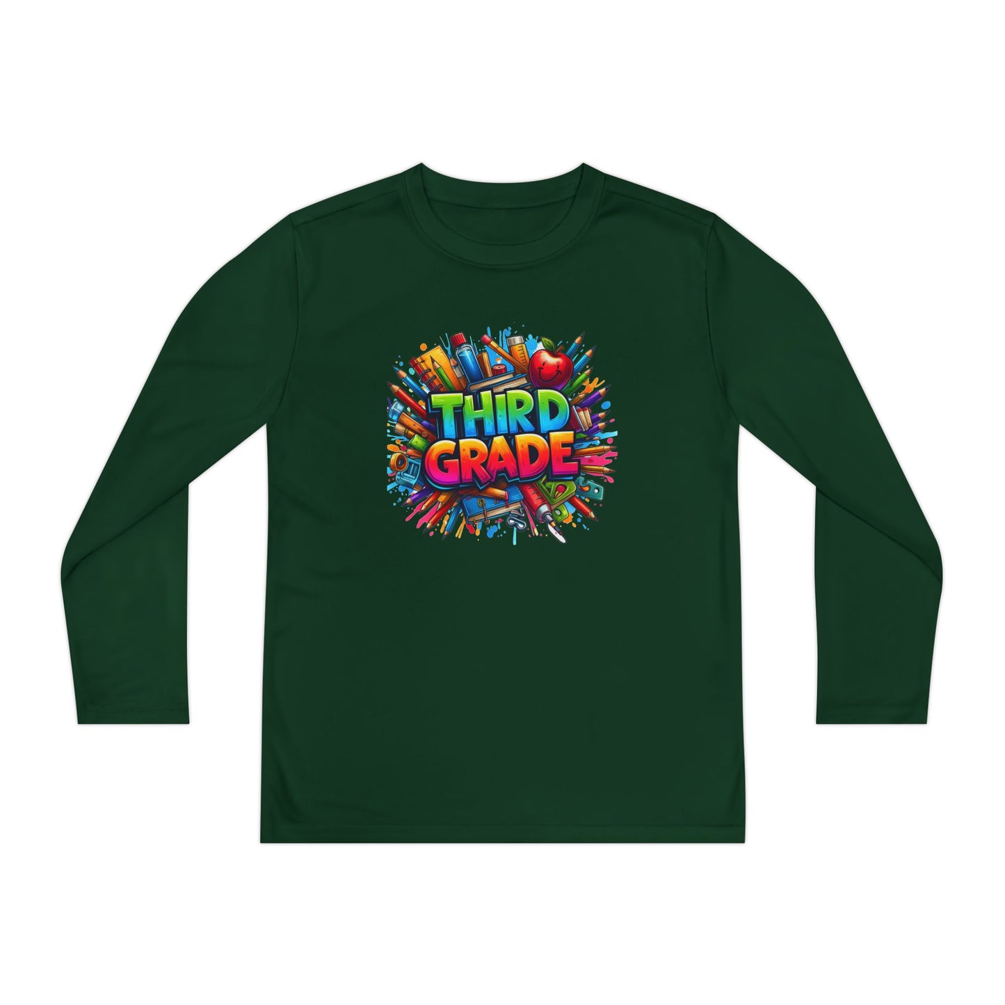 Third Grade Youth Long Sleeve Tee — Colorful School Supplies Design