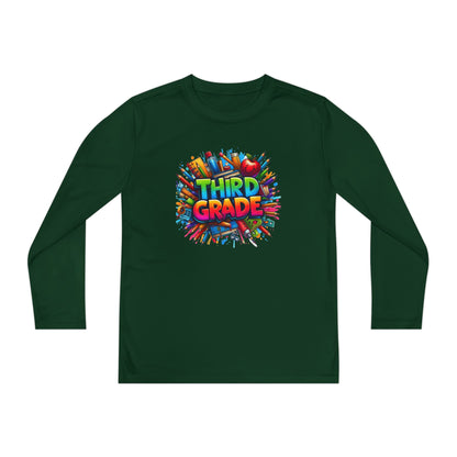 Third Grade Youth Long Sleeve Tee — Colorful School Supplies Design