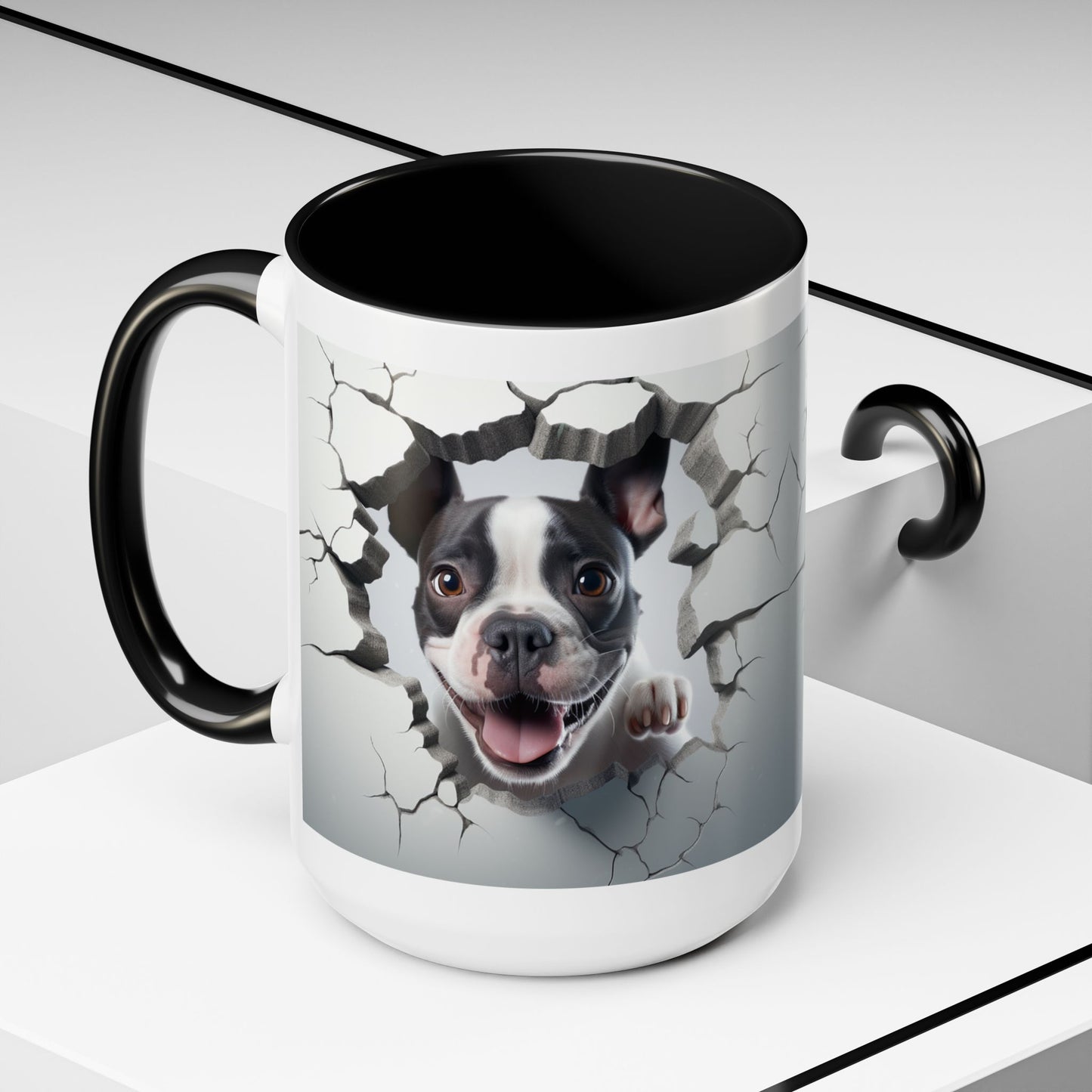 Coffee Mug — Happy Boston Terrier Breaking Through Design (Accent 11/15oz)