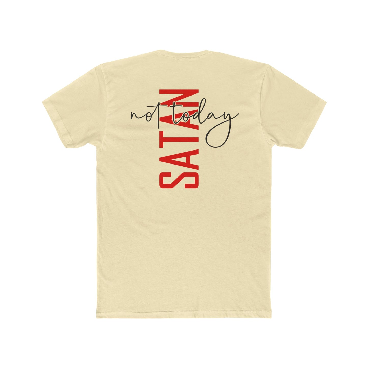Crew Tee — "No Today Satan" Vertical Red Text Graphic T‑Shirt
