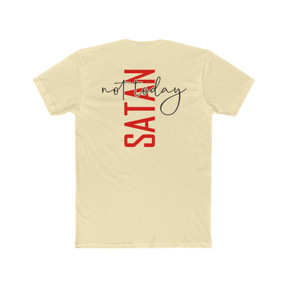 Crew Tee — "No Today Satan" Vertical Red Text Graphic T‑Shirt