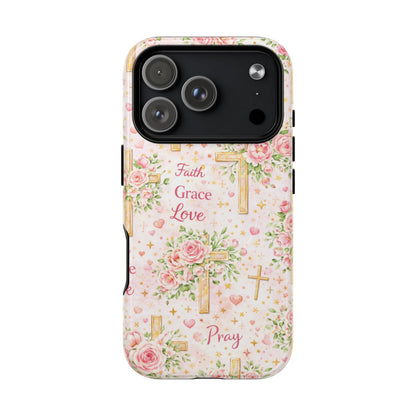 Faith Grace Love Tough Magnetic Phone Case — Floral Cross Protective Cover