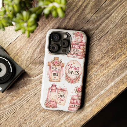 Christian Phone Case — Jesus Saves Floral Tough Case with 'God Is Within Her' & 'Trust God' Design