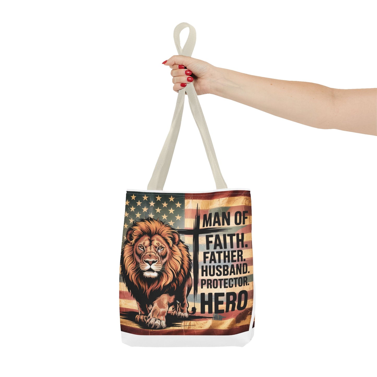 Tote — "Man of Faith, Father, Husband, Protector, Hero" Patriotic Lion Tote