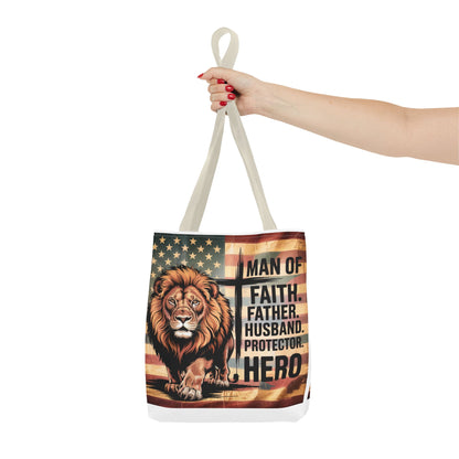 Tote — "Man of Faith, Father, Husband, Protector, Hero" Patriotic Lion Tote