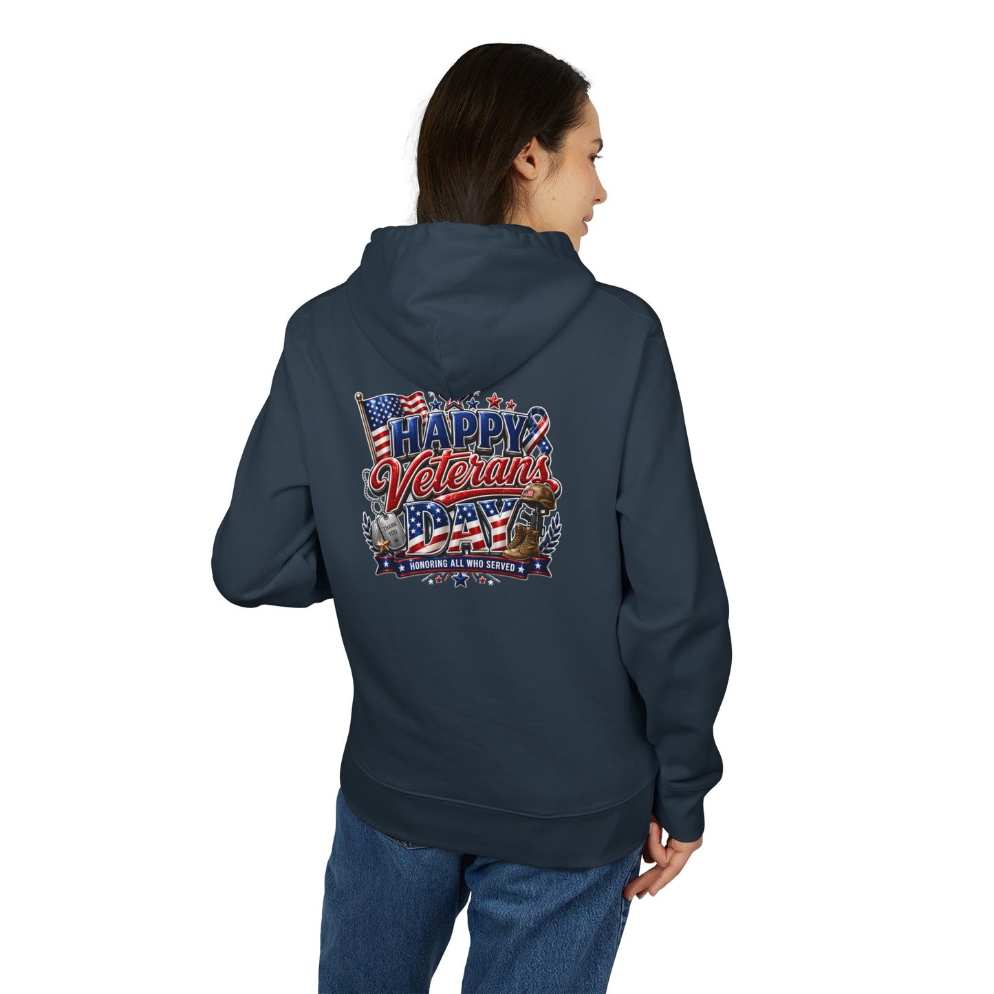 Veterans Day Hoodie - "Happy Veterans Day" Patriotic American Flag Design