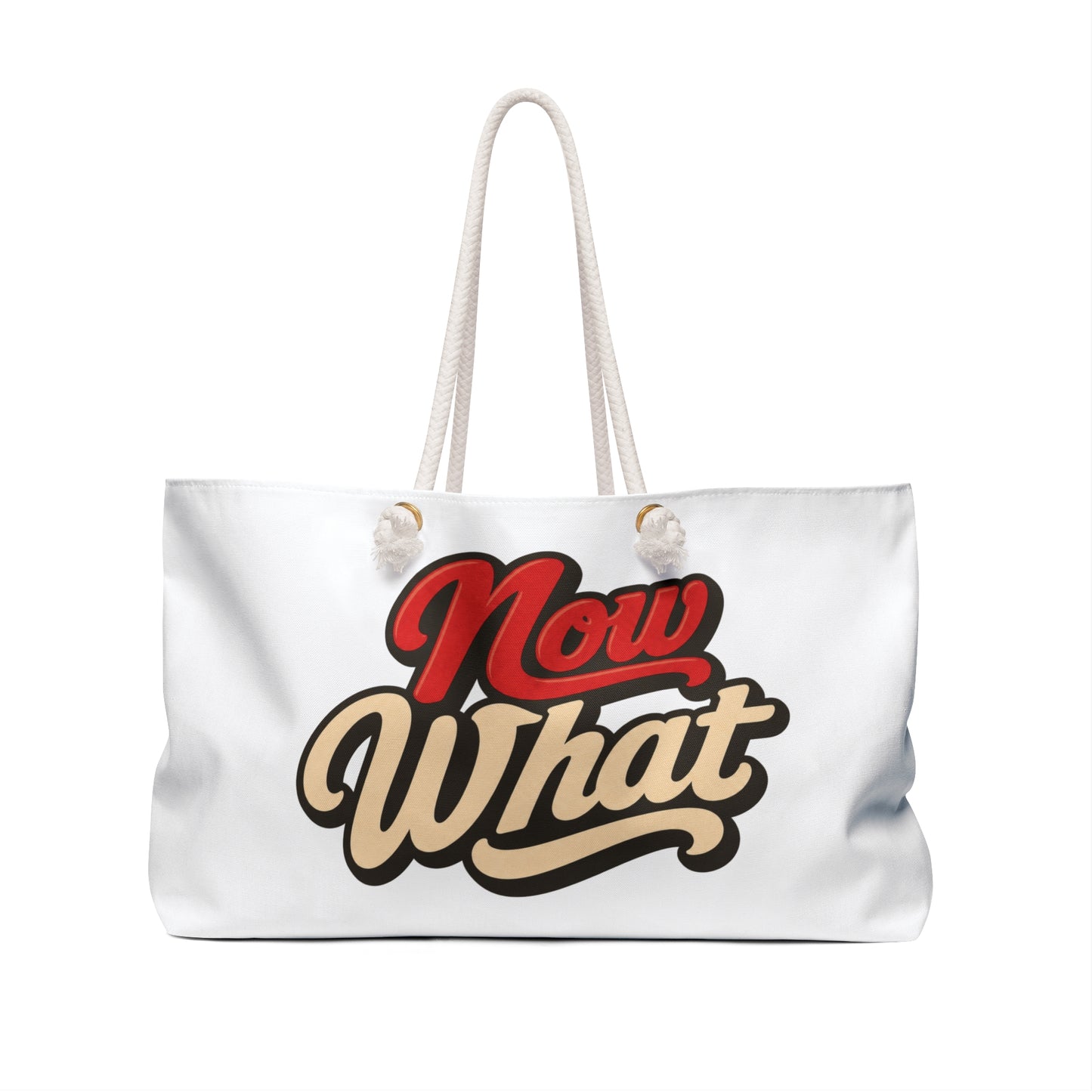 Now What Weekender Bag — Bold Retro Script Travel Tote for Getaways