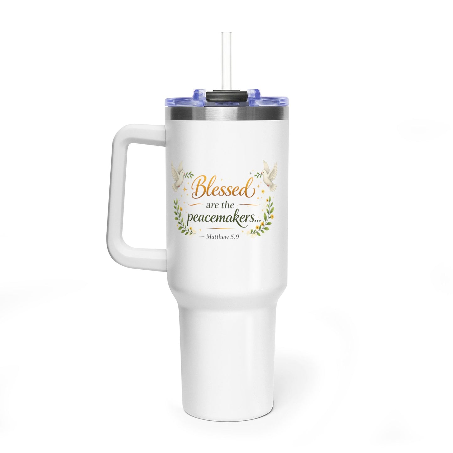 40oz Inspirational Tumbler — "Blessed are the Peacemakers" Floral Vacuum Cup