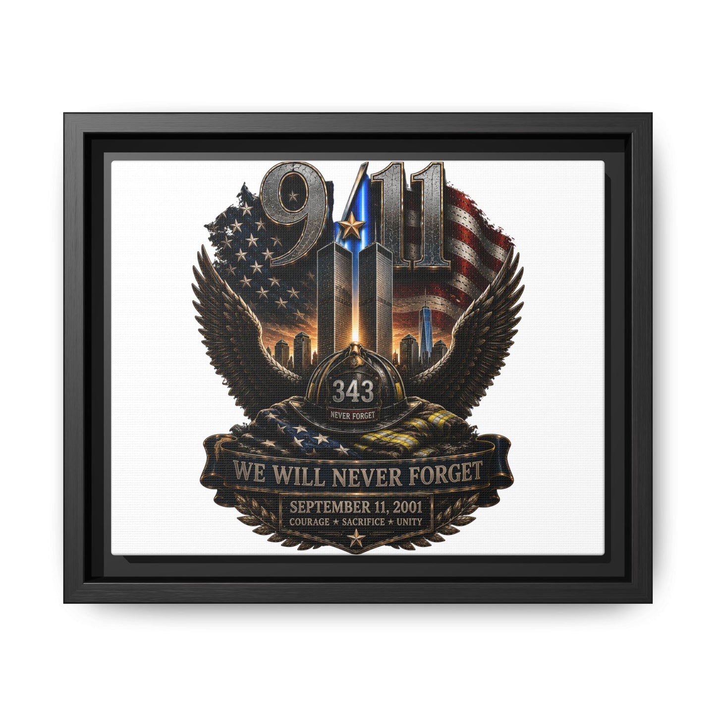 9/11 Memorial Matte Canvas Print — "We Will Never Forget" Framed Tribute