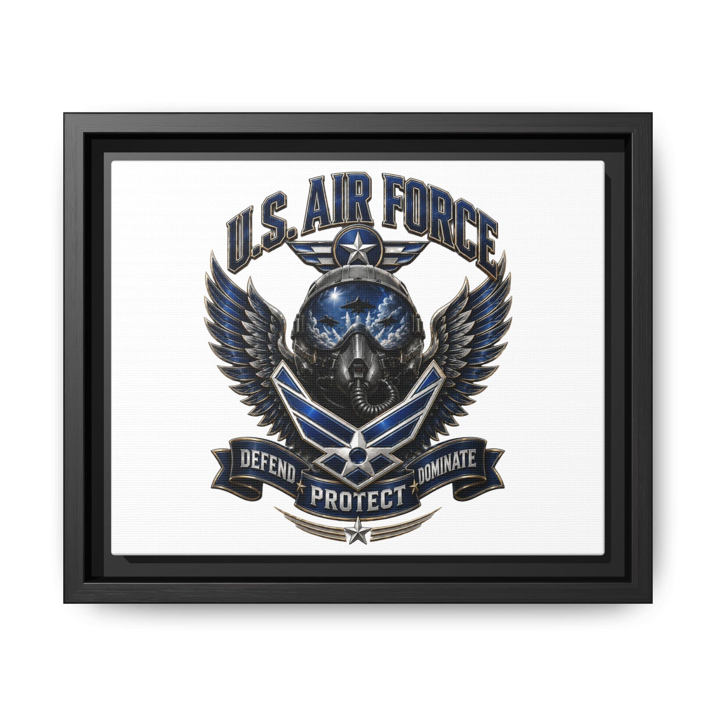 U.S. Air Force Emblem Framed Canvas Print – "Defend Protect Dominate" Military Wall Art