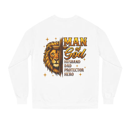 Man of God Sweatshirt — Lion Graphic, "Husband Dad Protector Hero" Faith Pullover