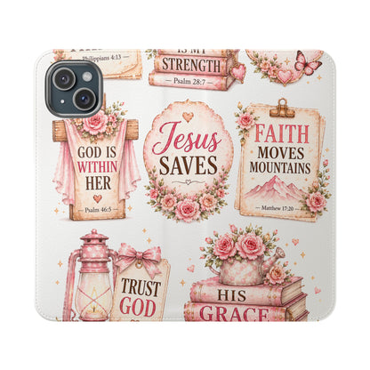 Christian Floral Phone Flip Case — "Jesus Saves" & Inspirational Scripture Wallet Cover