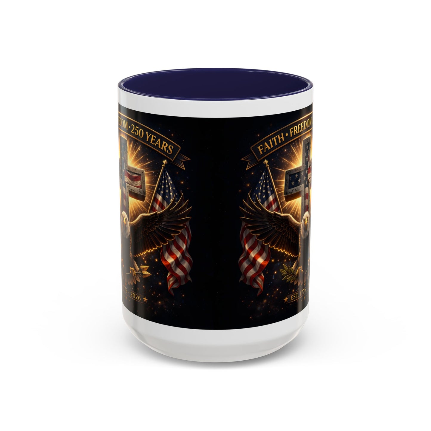 Patriotic Faith & Freedom Accent Coffee Mug — Eagle, Cross & American Flag (1776–2026)