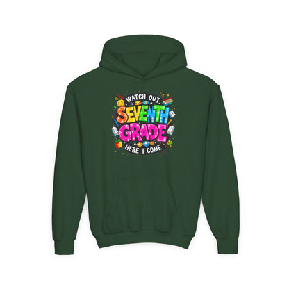 Seventh Grade Hoodie – "Watch Out Seventh Grade Here I Come" Colorful Back-to-School Youth Sweatshirt