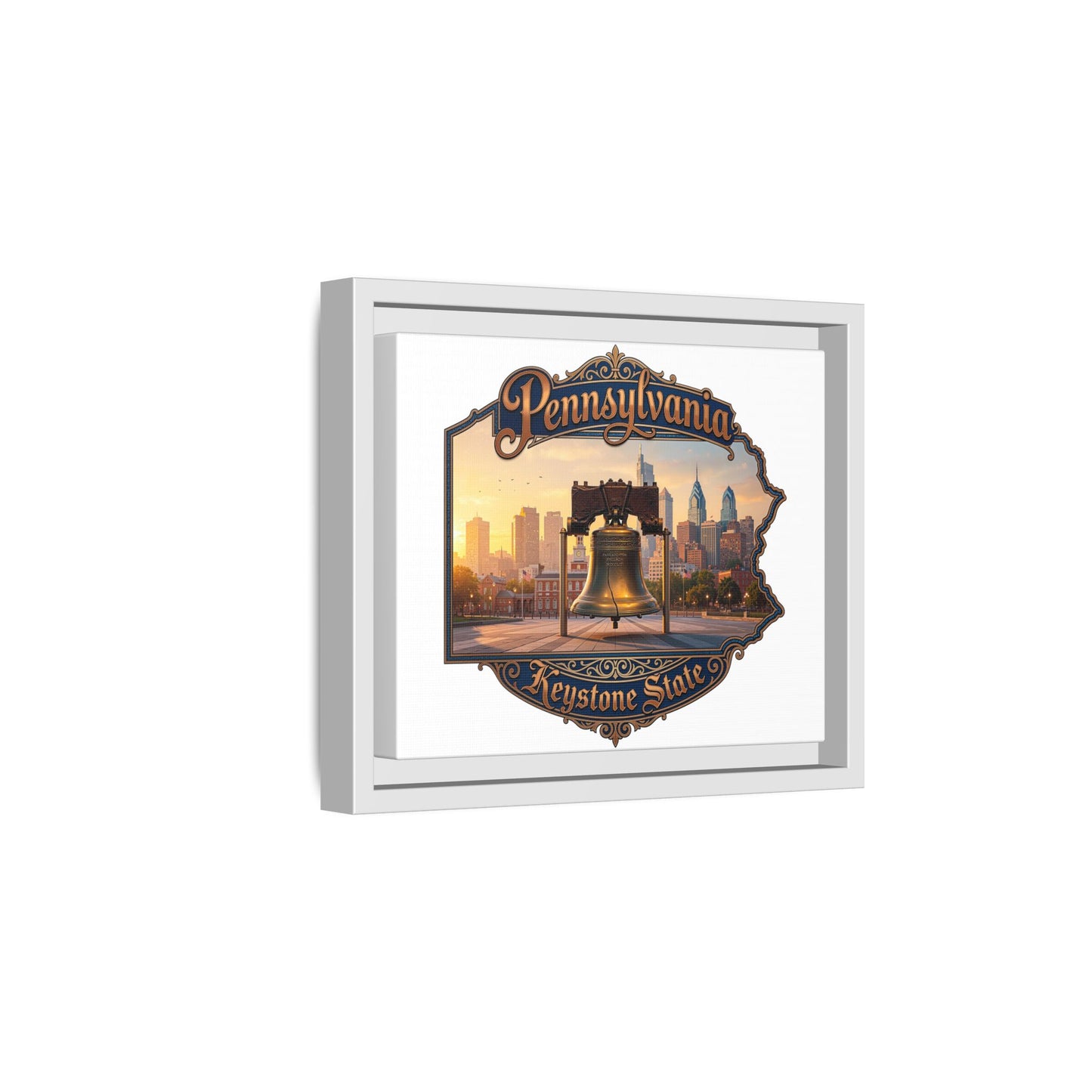 Pennsylvania Keystone State Framed Canvas Wall Art — Liberty Bell & Philadelphia Skyline