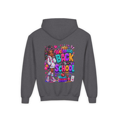 Welcome Back to School Youth Hoodie — Colorful Girl Backpack Design