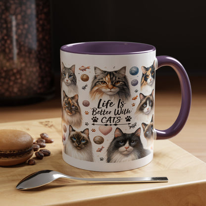 Life Is Better With Cats Accent Coffee Mug — Cat Lover Ceramic Mug (11/15oz)