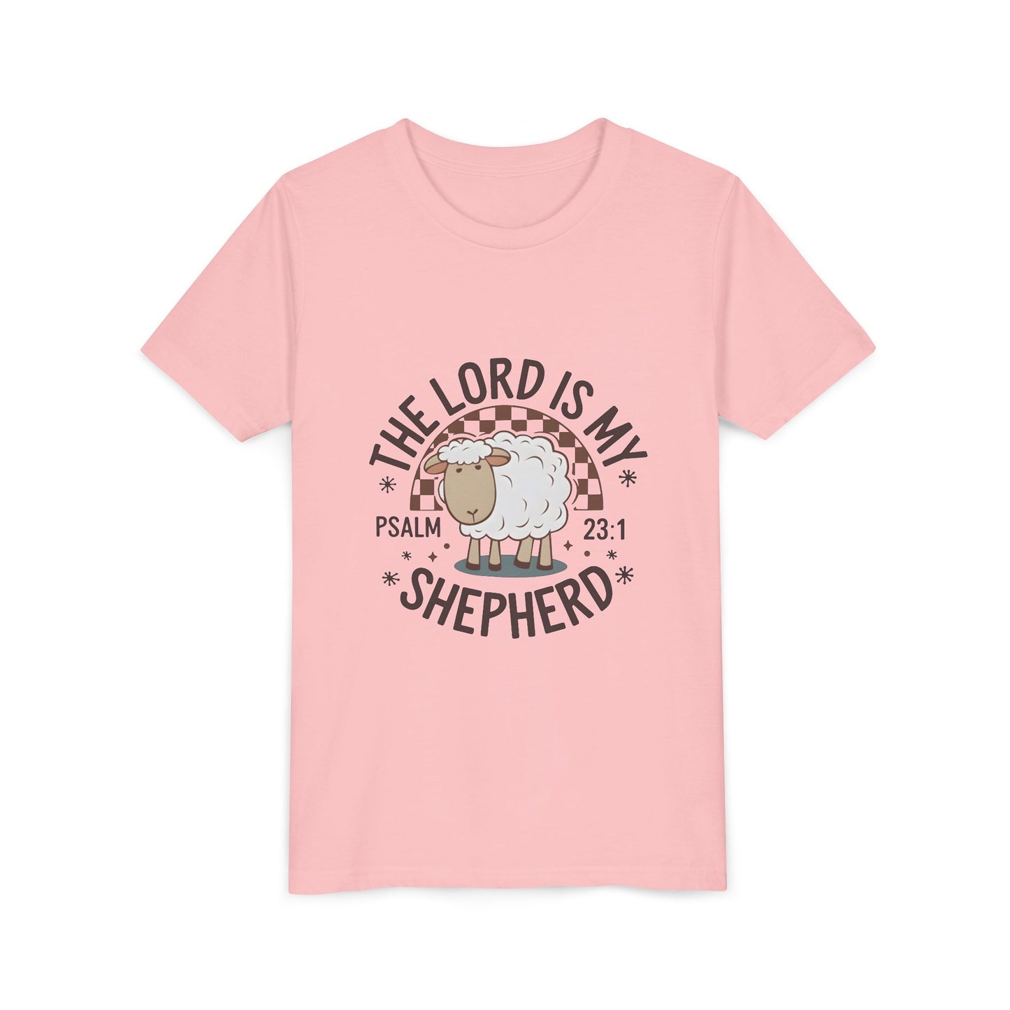 Youth Tee — "The Lord Is My Shepherd" Psalm 23:1 Christian Kids T‑Shirt (Sheep Design)