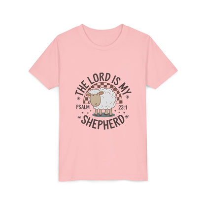 Youth Tee — "The Lord Is My Shepherd" Psalm 23:1 Christian Kids T‑Shirt (Sheep Design)