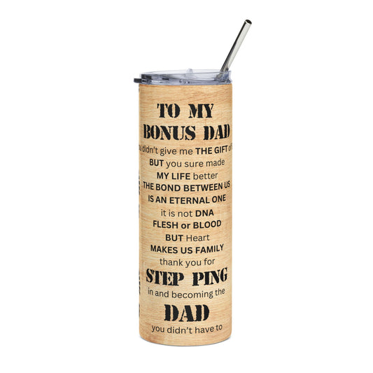 20oz Stainless Tumbler – "To My Bonus Dad" Stepparent Appreciation Travel Cup (Camouflage)