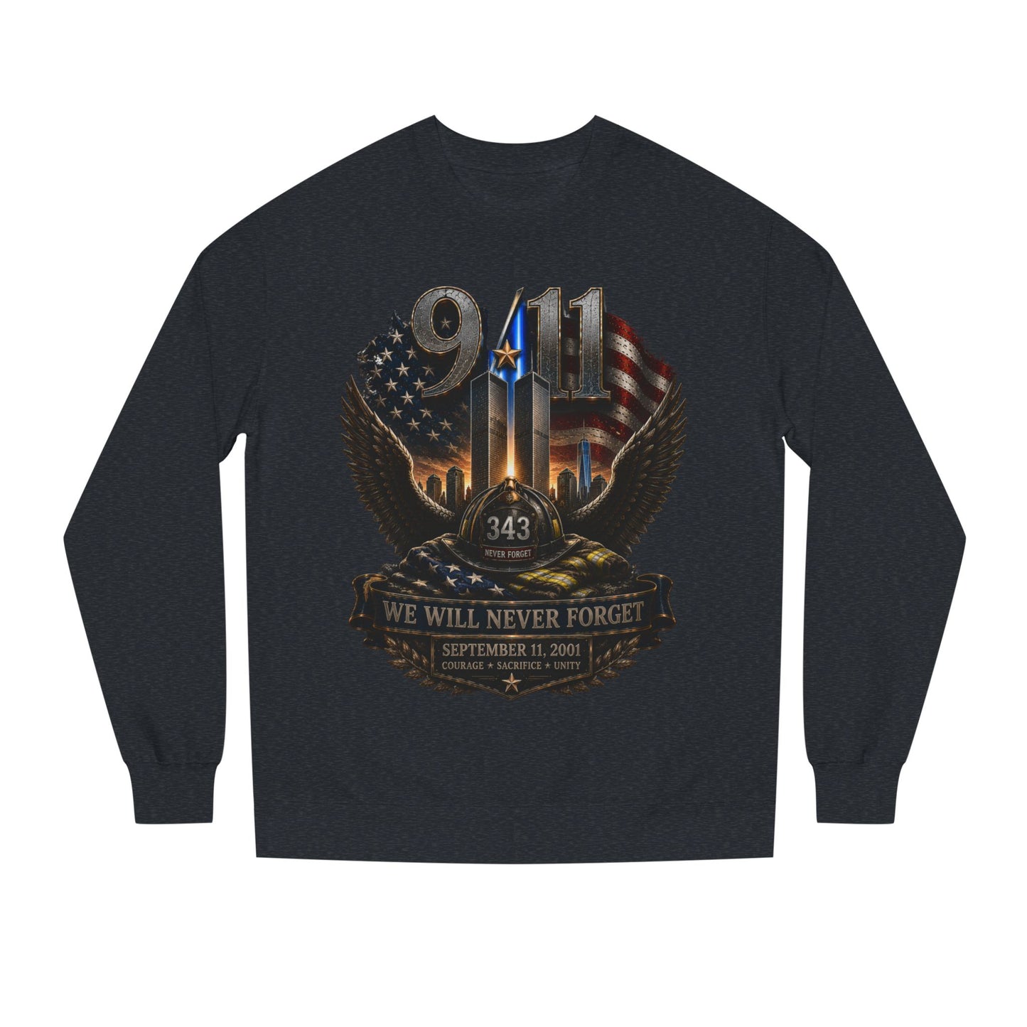 9/11 We Will Never Forget Crewneck Sweatshirt – Memorial Tribute