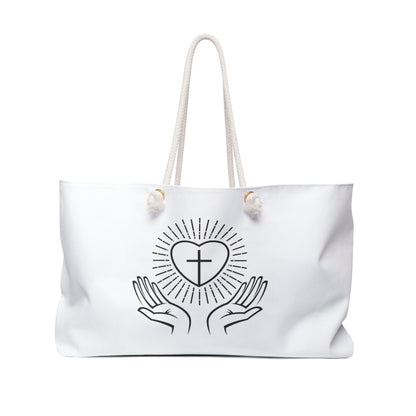 Faith Heart Weekender Bag — Christian Cross & Praying Hands Travel Tote