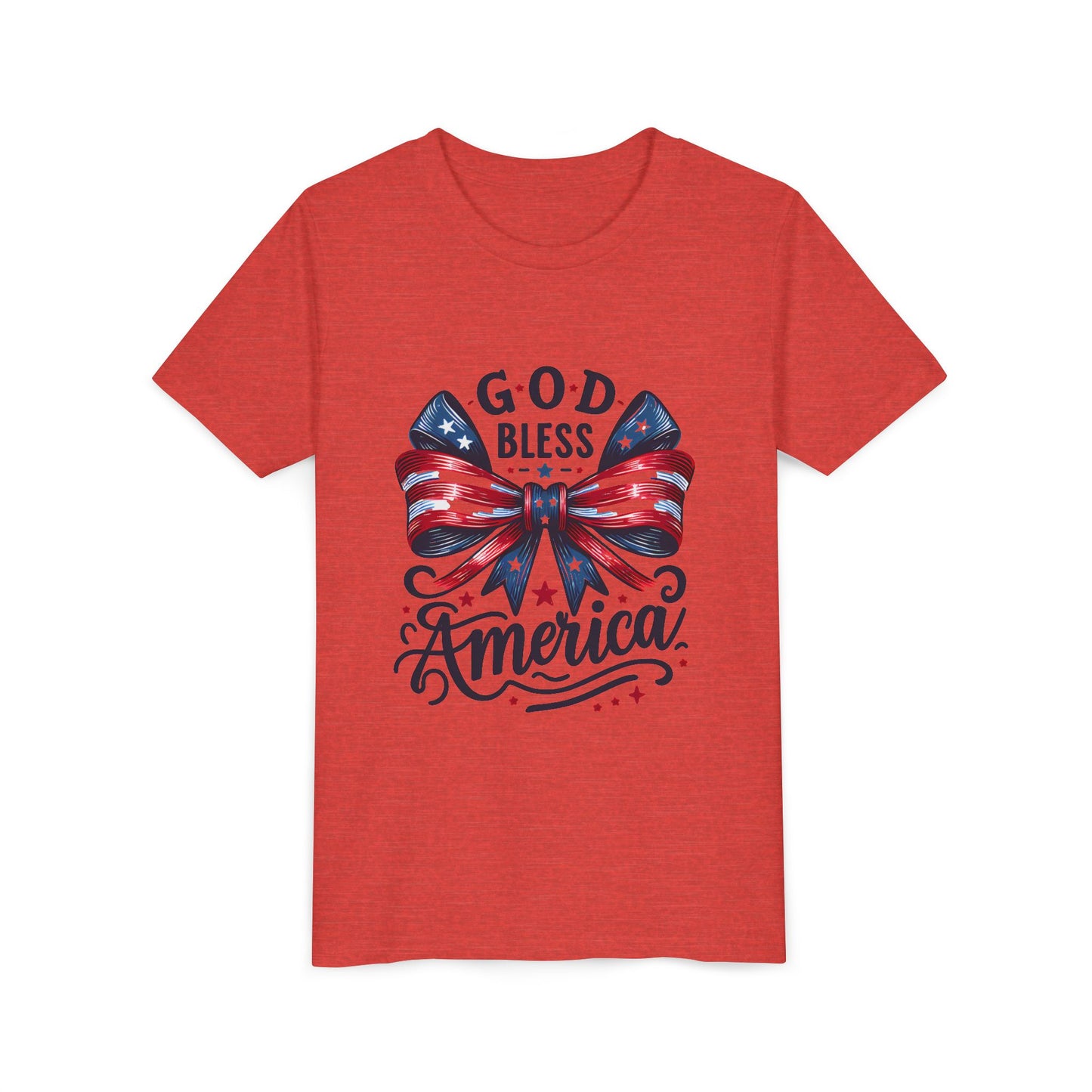 Youth Tee — "God Bless America" Patriotic Bow T-Shirt (4th of July, Memorial Day)