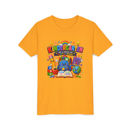 Kindergarten Kids T‑Shirt — 'Kindergarten: This Is Where the Fun Begins' Colorful Back-to-School Tee