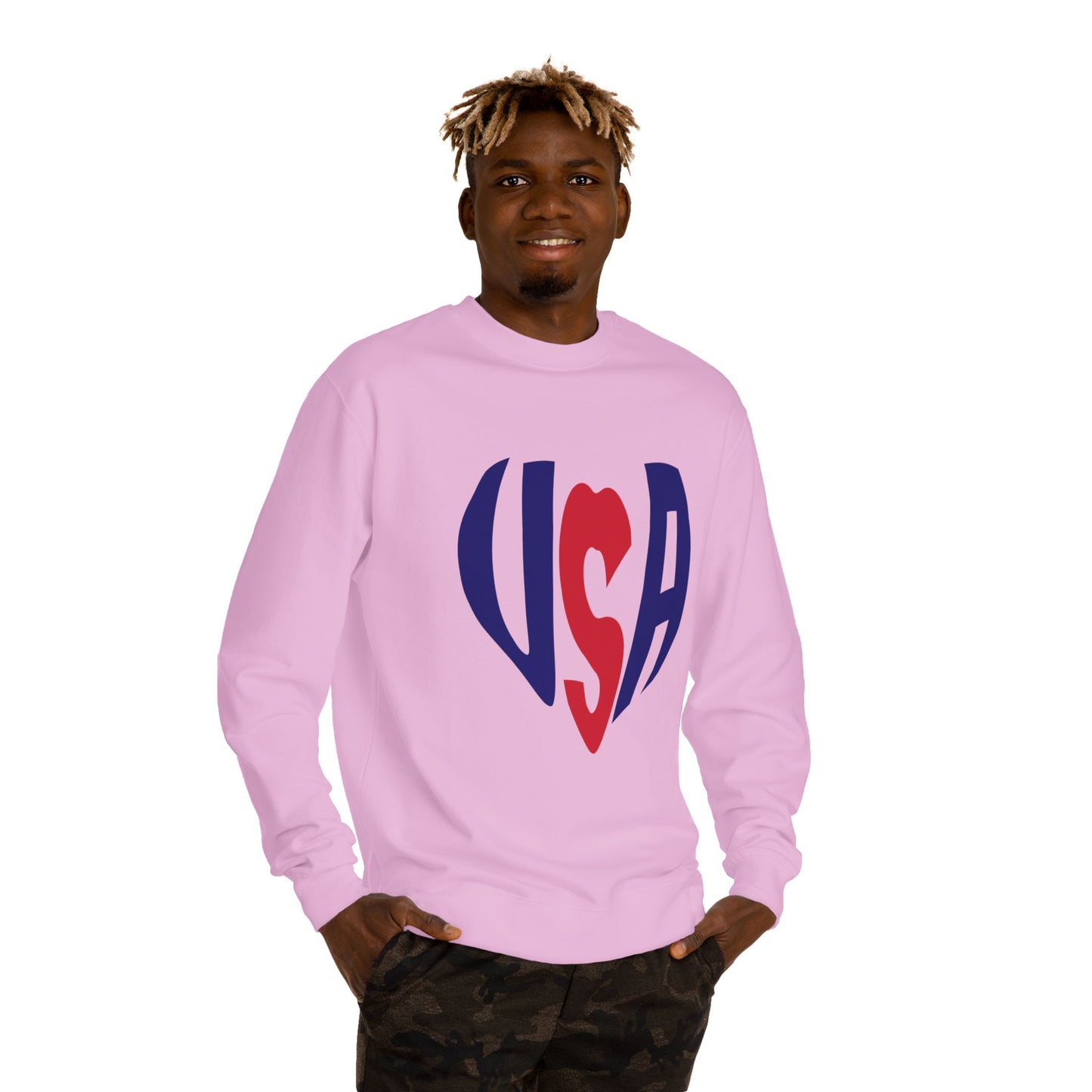 USA Heart Crewneck Sweatshirt — Patriotic Red & Blue Graphic