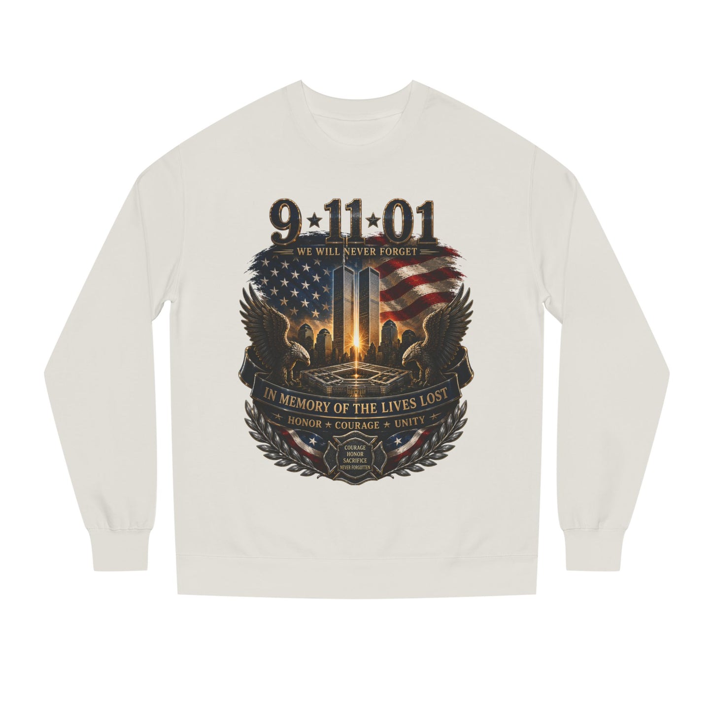 9/11 Memorial Sweatshirt - ‘We Will Never Forget’ Tribute Crewneck with Twin Towers & Flag
