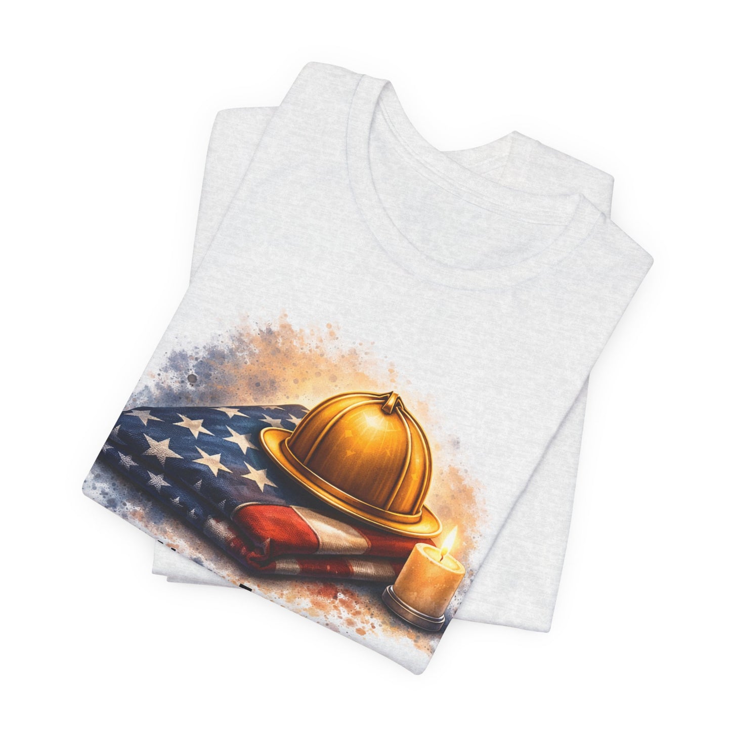 Never Forget Memorial T‑Shirt — Firefighter Helmet & Flag Tribute