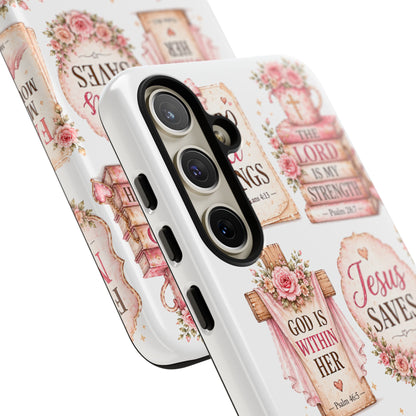 Christian Phone Case — Jesus Saves Floral Tough Case with 'God Is Within Her' & 'Trust God' Design