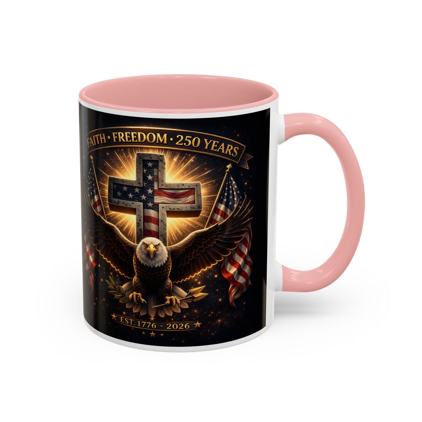 Patriotic Faith & Freedom Accent Coffee Mug — Eagle, Cross & American Flag (1776–2026)