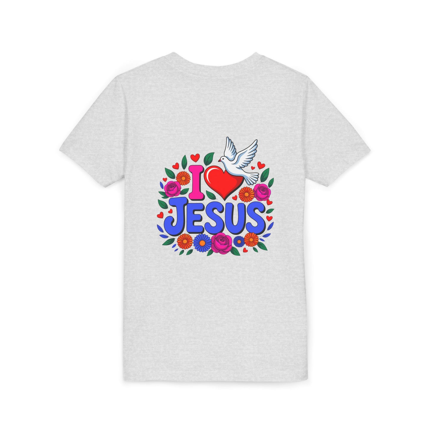 Youth Tee — "I  Jesus" Colorful Dove & Floral Christian Shirt