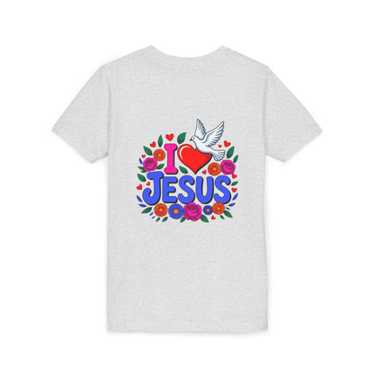 Youth Tee — "I  Jesus" Colorful Dove & Floral Christian Shirt