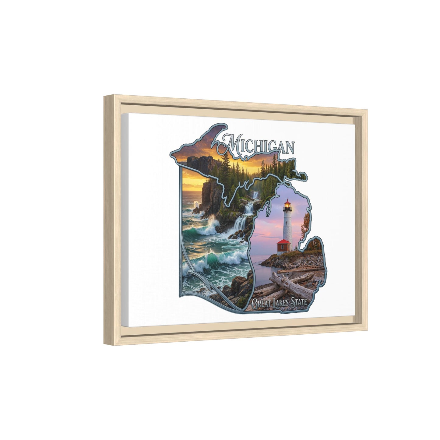 Michigan Framed Canvas Wall Art — Great Lakes State Lighthouse & Shoreline Print