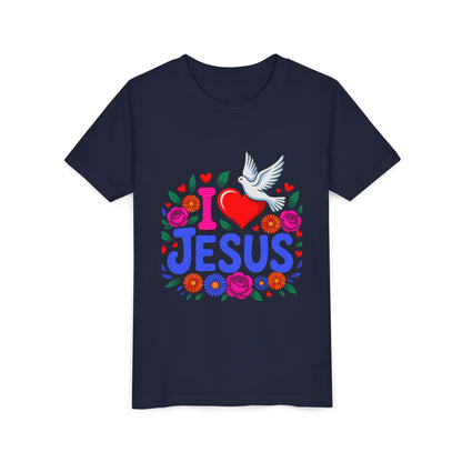 Youth Tee — "I  Jesus" Colorful Dove & Floral Christian Shirt