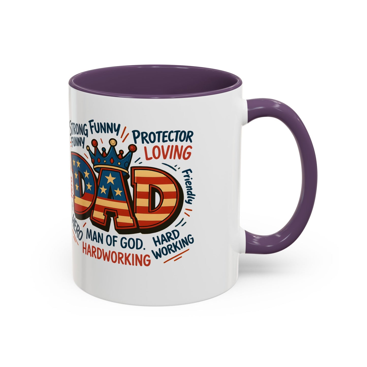 Dad Coffee Mug — Patriotic "DAD" Design with Loving, Hardworking, Protector Keywords (11/15oz Accent Mug)