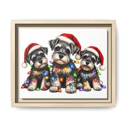 Christmas Schnauzer Canvas Print — Festive Puppies in Santa Hats (Matte Framed)