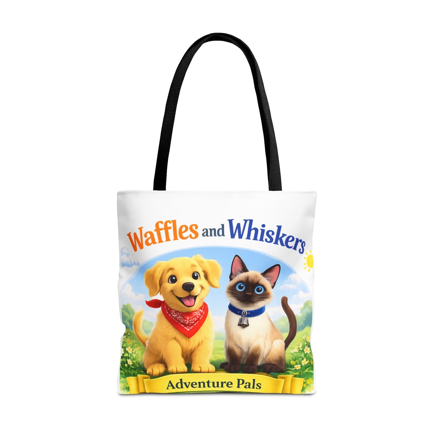 Waffles & Whiskers Adventure Pals Tote Bag — Cute Puppy and Kitten Kids Book Design