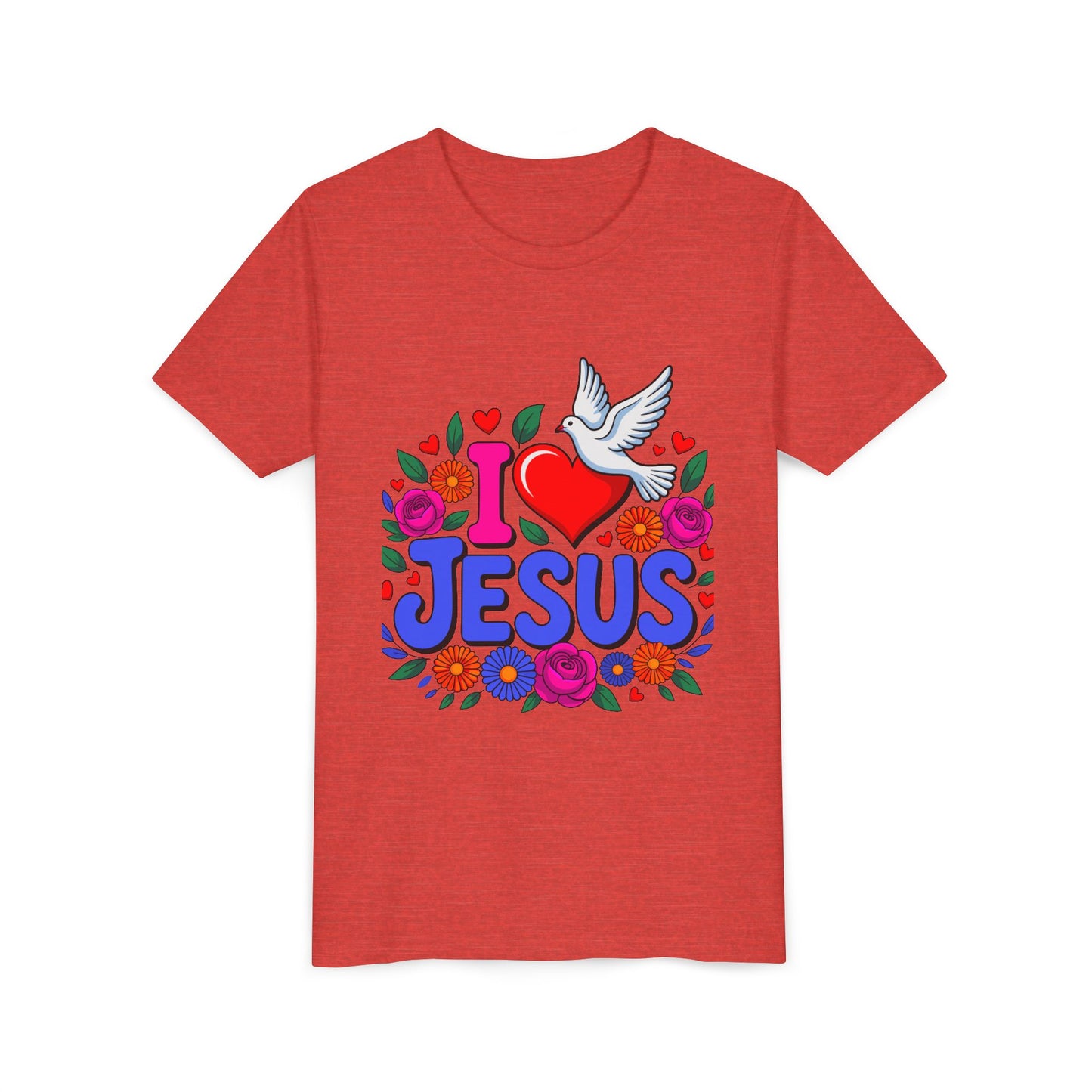 Youth Tee — "I  Jesus" Colorful Dove & Floral Christian Shirt