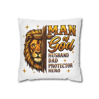 Christian Lion Cross Pillow — "Man of God" Husband Dad Protector Hero Throw Pillowcase