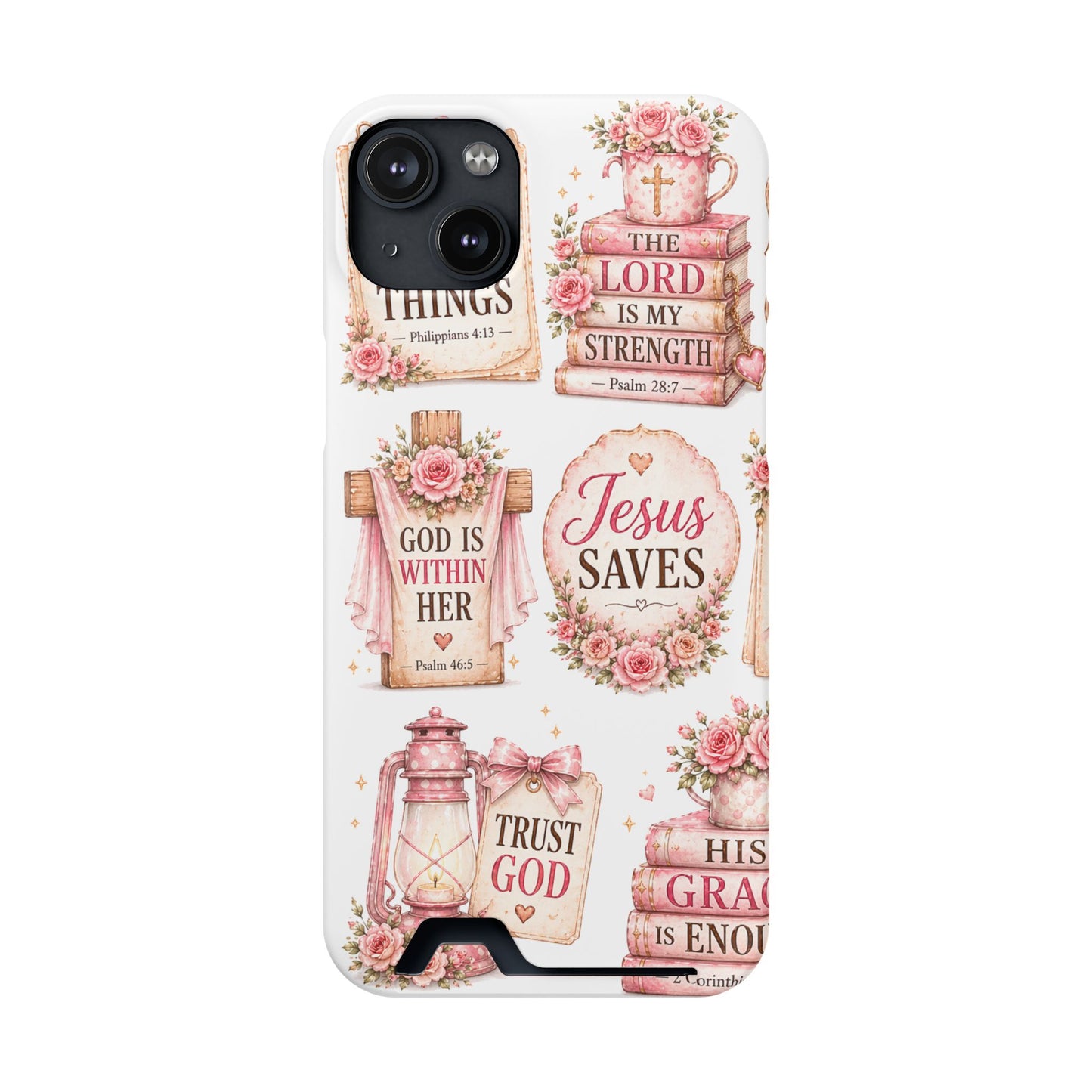 Christian Floral Phone Case with Card Holder — 'Jesus Saves' Inspirational Design