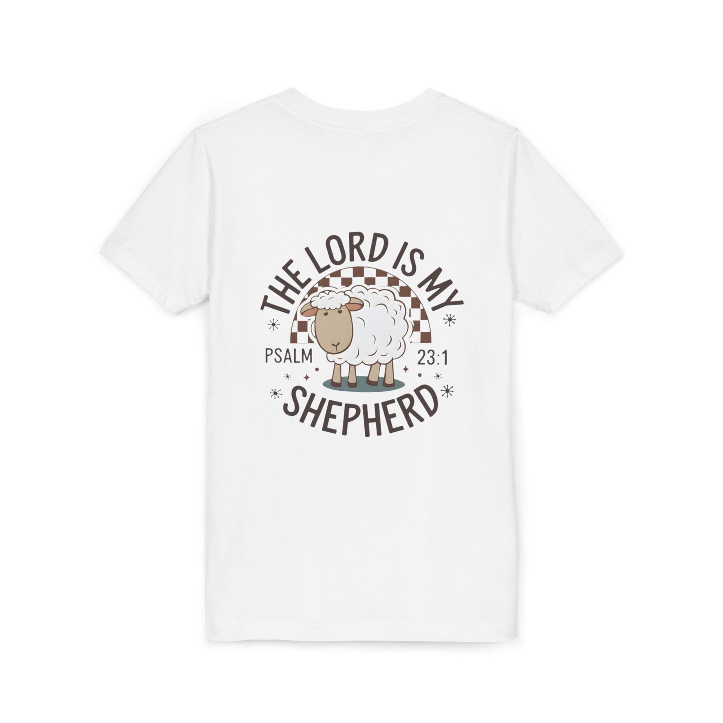 Youth Tee — "The Lord Is My Shepherd" Psalm 23:1 Christian Kids T‑Shirt (Sheep Design)