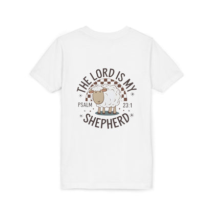 Youth Tee — "The Lord Is My Shepherd" Psalm 23:1 Christian Kids T‑Shirt (Sheep Design)